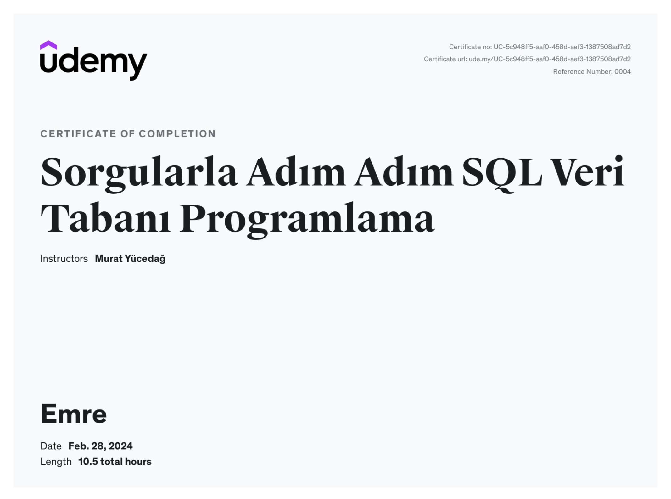 SQL Veri Taban Programlama - Udemy - Emre Altun Sertifika - altunemre.com